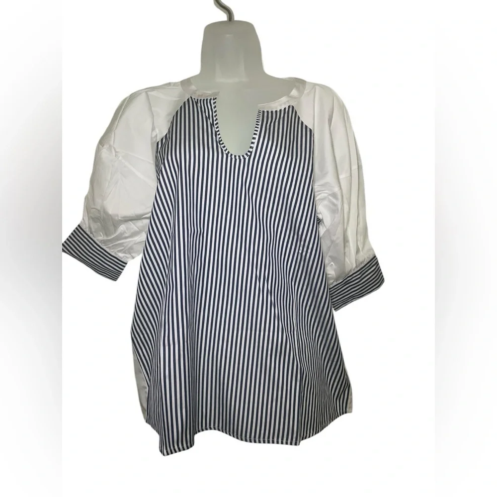 Harshman New NWT 100% Cotton Navy Stripe Agape Popover Blouse Medium - Picture 2 of 6